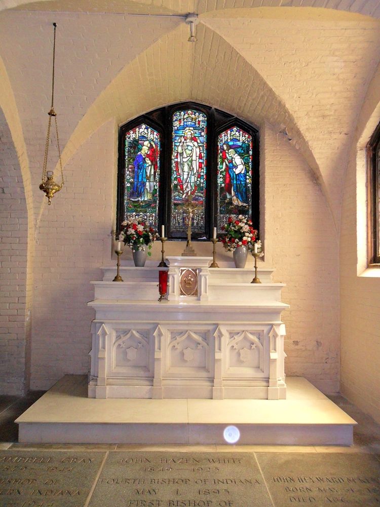 The crypt altar and window below the Mothers' Chapel.